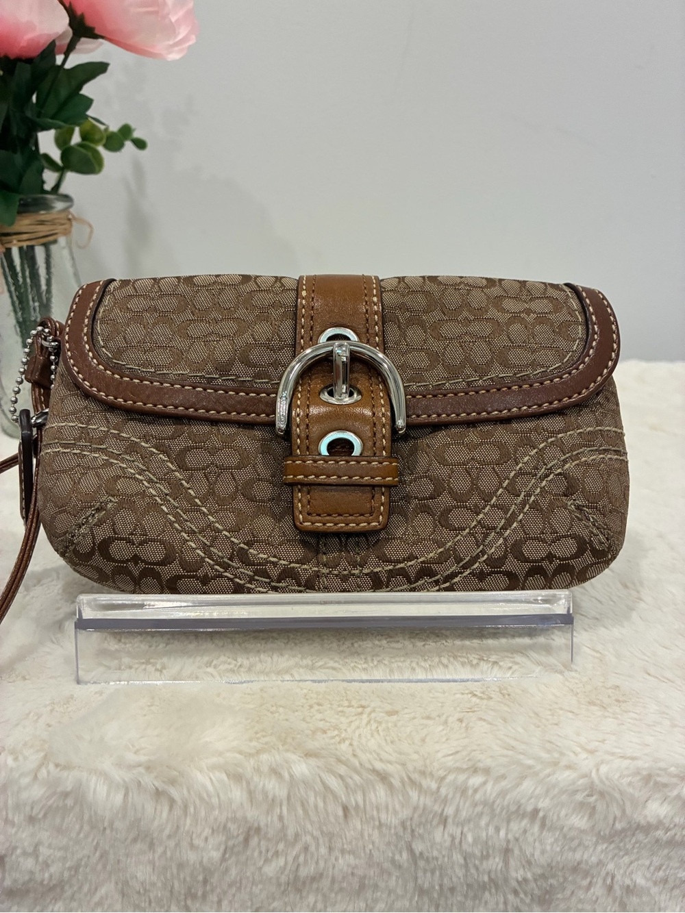 Coach Brown Signature Canvas Wristlet with Tan Leather Trim